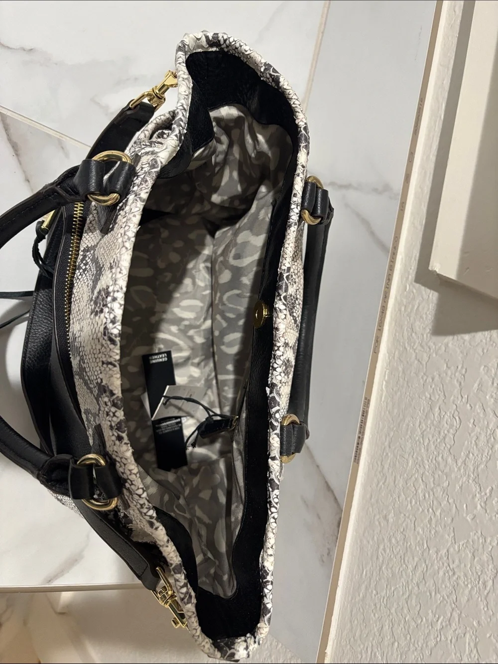 Aimee Kestenberg Black and Cream Snake-Print Leather Tote with Gold Hardware